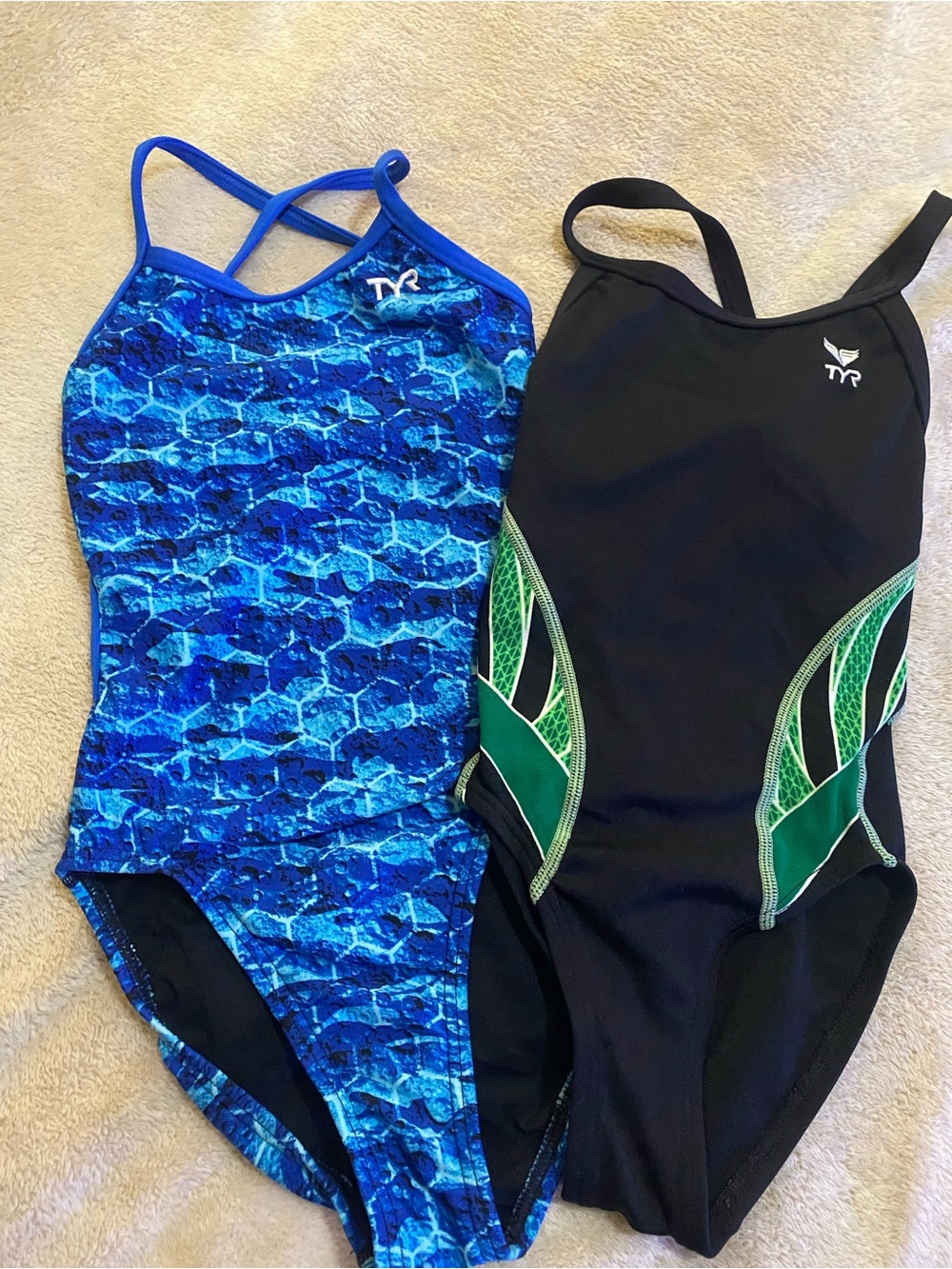 TYR Girls' Blue Pattern & Black with Green Panel Swim One-Piece